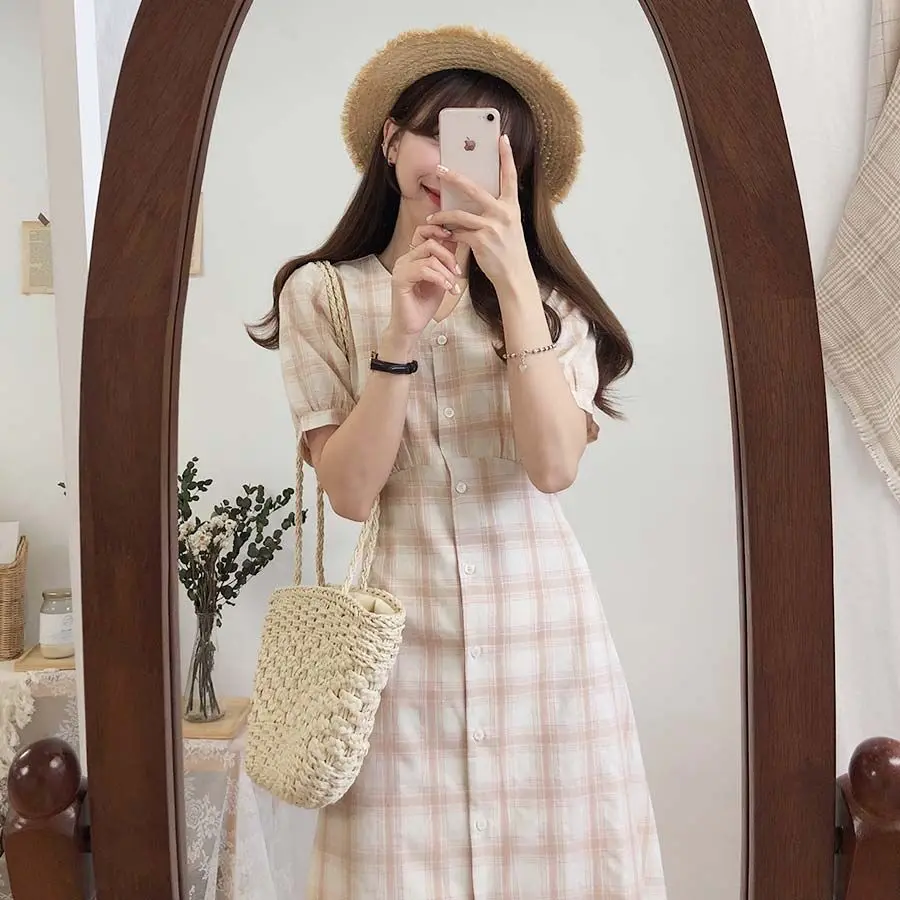 Большие размеры; летнее платье для девочек; Boho вечерние женские винтажные платья; клетчатый кардиган с пуговицами; женские платья с коротким рукавом; длинное платье; Vestido