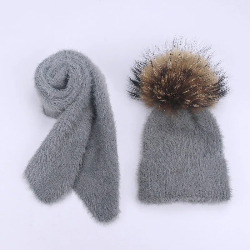 Hat Dark gray Зимняя шапка из кроличьего меха и шарф, набор для женщин и девушек, женская зимняя вязаная шапка, Повседневная однотонная шапка с натуральным меховым помпоном - Цвет: Hat Dark gray