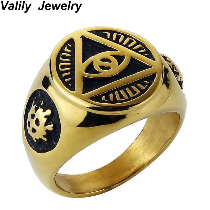 EdgLifU мужское кольцо Illuminati Pyramid Eye Symbol золотистого цвета кольца из нержавеющей