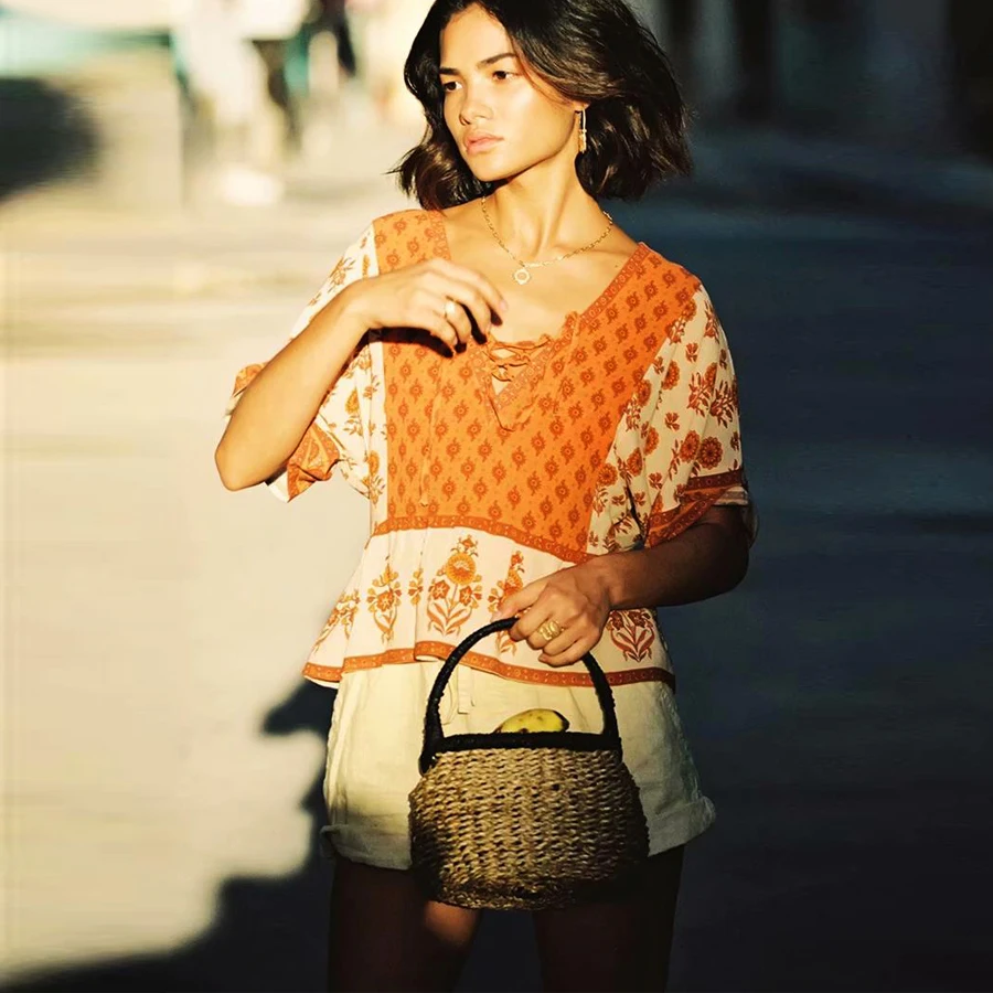 Женские брюки с широкими штанинами TEELYNN оранжевые широкие цветочным принтом бохо