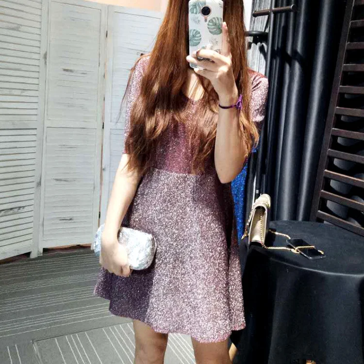 Женское блестящее платье с люрексом Cakucool летнее трапеция коротким рукавом