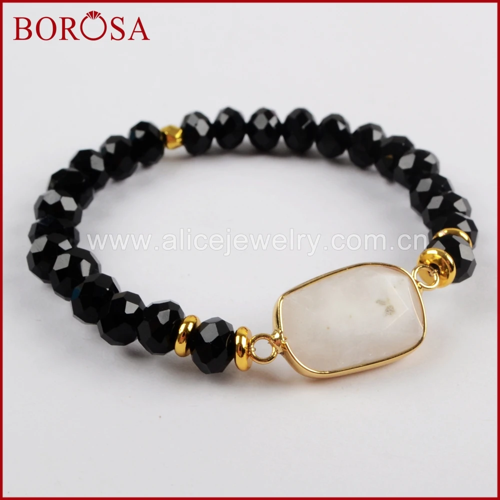 

BOROSA 5PCS Gold Color Natural White Solar Quartz Faceted With 8mm Glass Crystal Beads Bracelets Rainbow Bangle Jewelry G1551