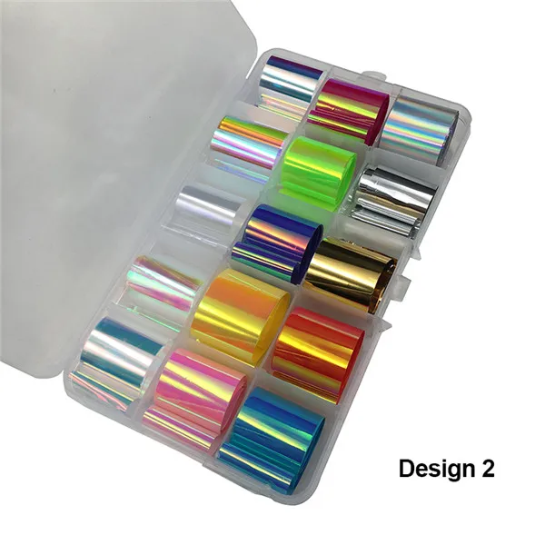 Design2 1 коробка 15 рулонов голографический набор фольги для ногтей TransparentNail Art Transfer sticker 2,5 см* 100 см Маникюр DIY Голографическая Наклейка украшения - Цвет: Design2