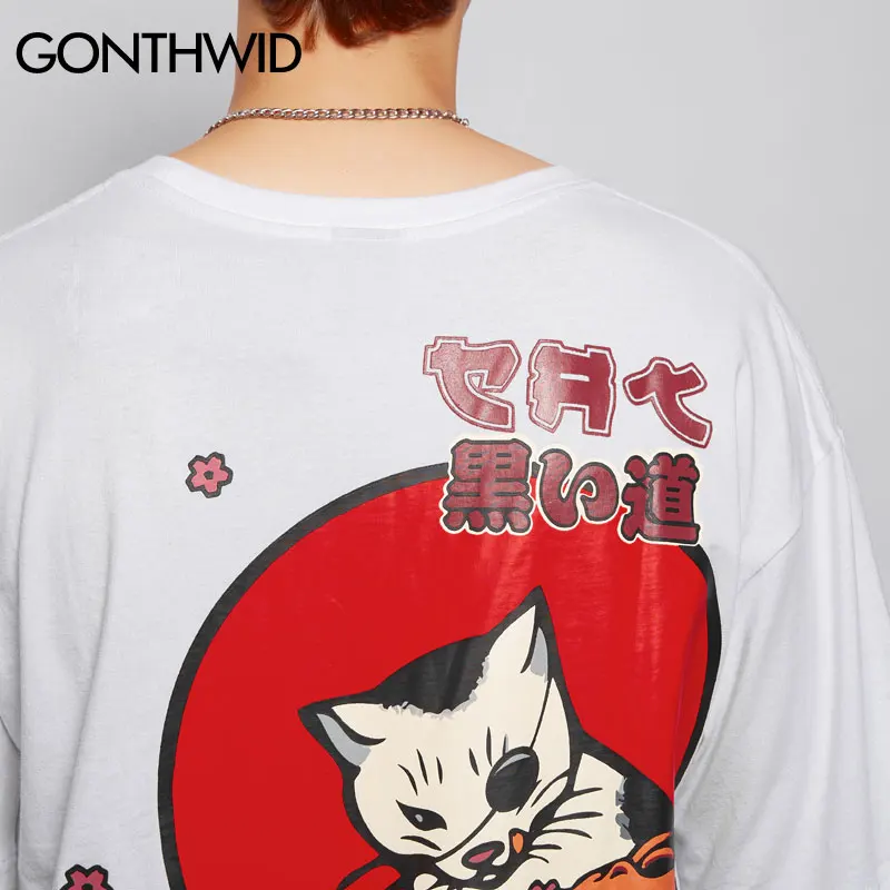 Футболки GONTHWID с принтом японского укийо кота 2019 летние уличные футболки коротким