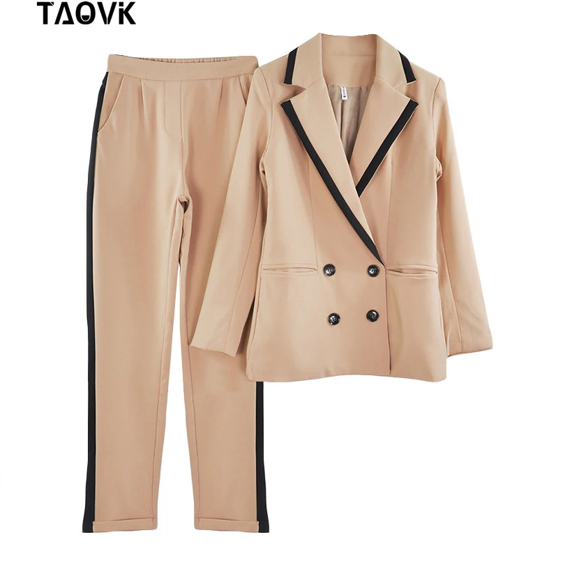Khaki TAOVK рабочие брючные костюмы OL комплект из 2 предметов для Женщин Colorblock воротник двубортный блейзер и прямые брюки офисный женский костюм - Цвет: Khaki