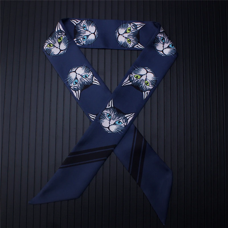 Модные женские шелковые узкие шарфы с принтом кошки Элегантный женский шарф на