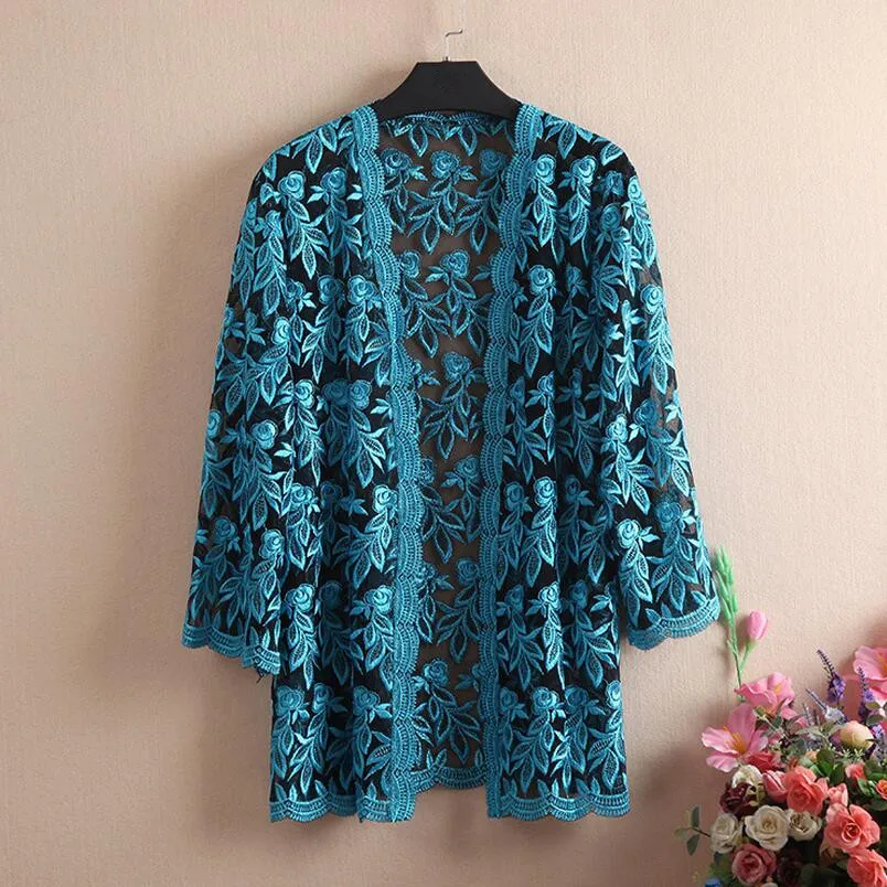 Женский ажурный кардиган кружевной с цветочным узором накидка на пляжный