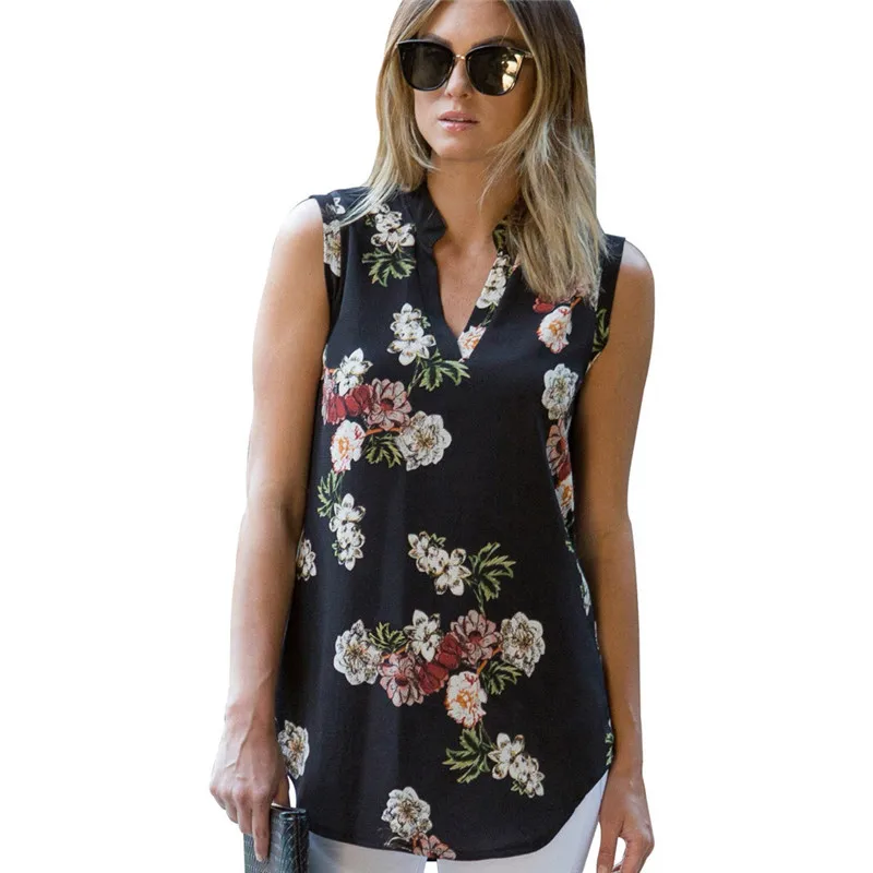 

2019 Summer Chiffon Women Blouses Shirt Vintage Floral Print Blouse Sexy V Neck Sleeveless Tunic Casual Ladies Tops Blusas XXL