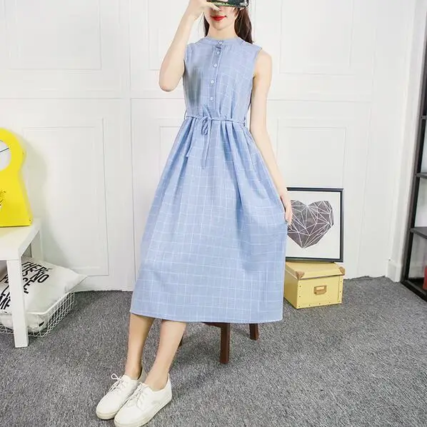 Женское клетчатое платье без рукавов Летнее Длинное Платье из чистого хлопка и