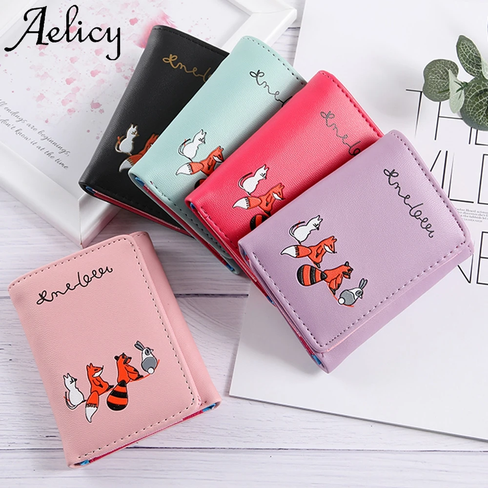 Женский короткий кошелек Aelicy с лисой и кошкой 2019|Женские кошельки| |