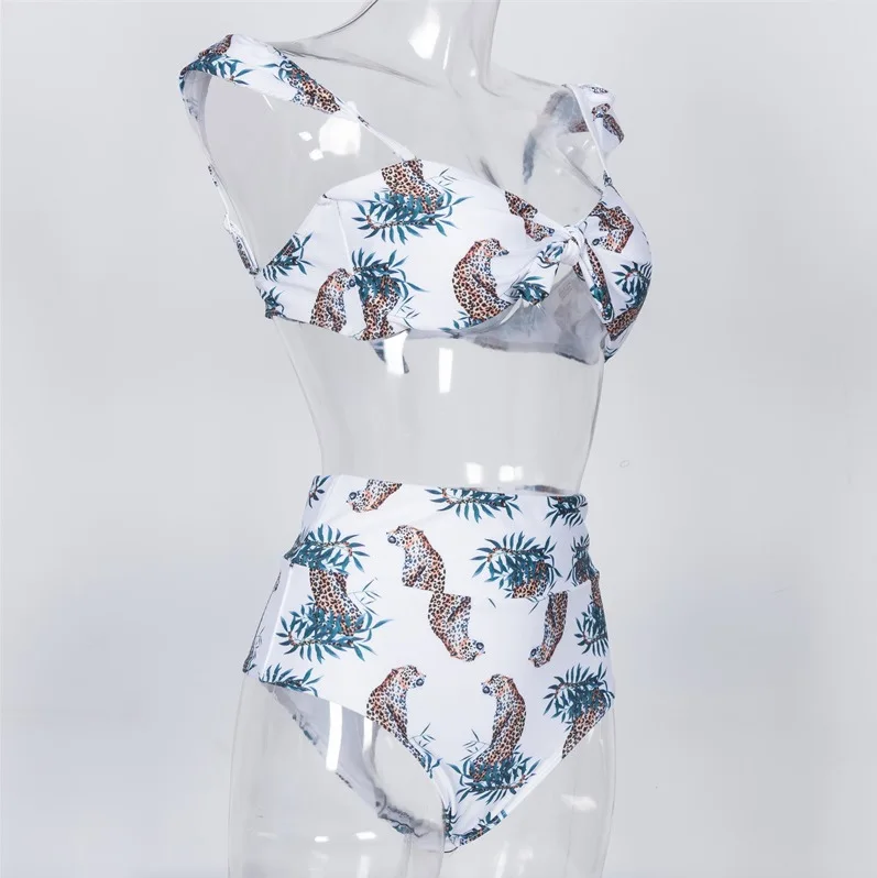Комплект бикини с принтом и высокой талией бандо женский купальник пуш-ап рюшами