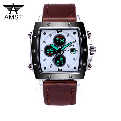 WS-brown AMST Мужские квадратные часы с двойным дисплеем Quartzel Ectronic часы 50 м водонепроницаемые часы мужские роскошные брендовые кожаные Наручные часы Новинка - Цвет: WS-brown