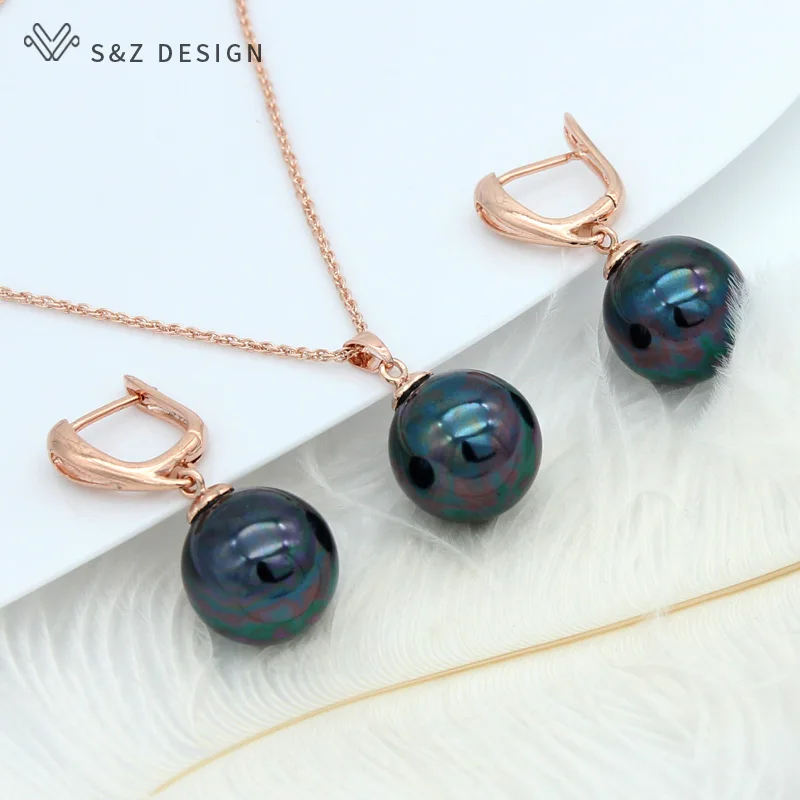 colorful S& Z трендовый круглый имитация жемчуга Висячие серьги ювелирный набор Европа Америка 585 розовое золото для женщин Свадебные украшения - Окраска металла: colorful