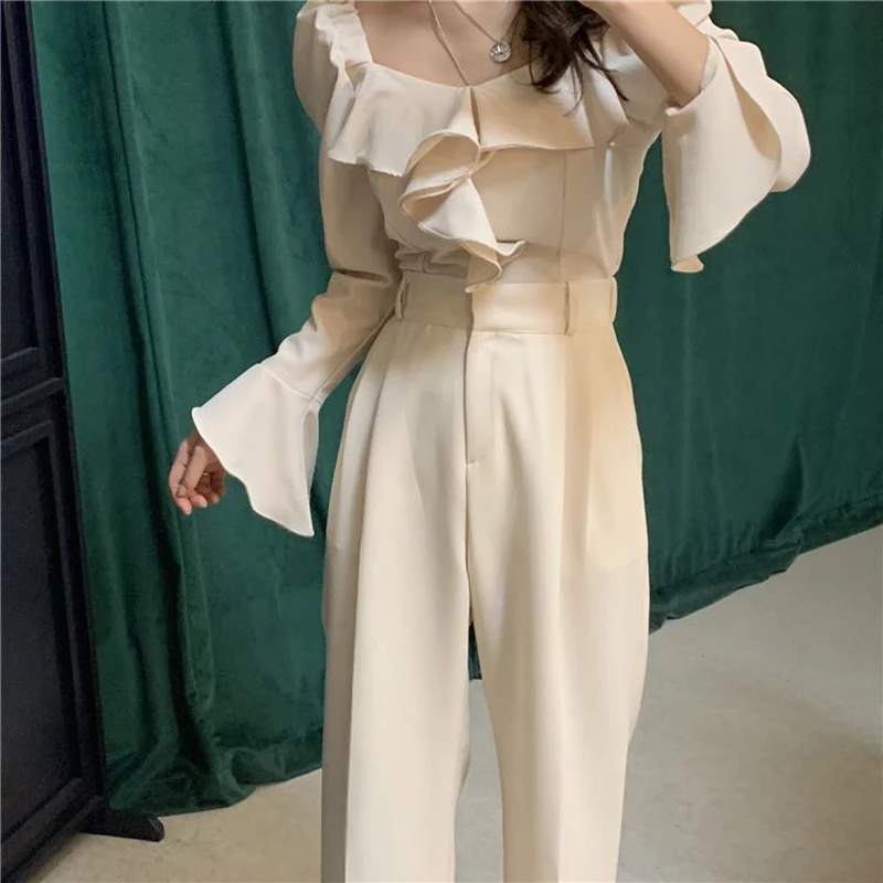 Топ с женский комплект 2 шт. рукавами и рюшами + широкие штаны поступление