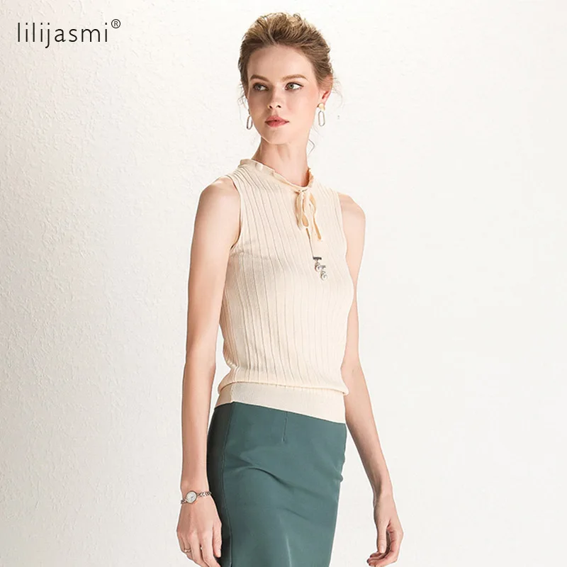 2019 Женская трикотажная тонкая футболка без рукавов с круглым вырезом и жемчугом