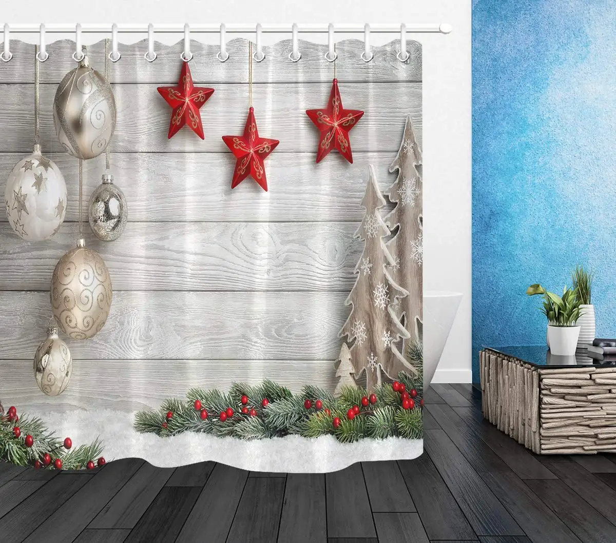 Christmas Balls Shower Curtain White Wooden Floor Bathroom Decor with Hooks Polyester Fabric Bathtub | Дом и сад
