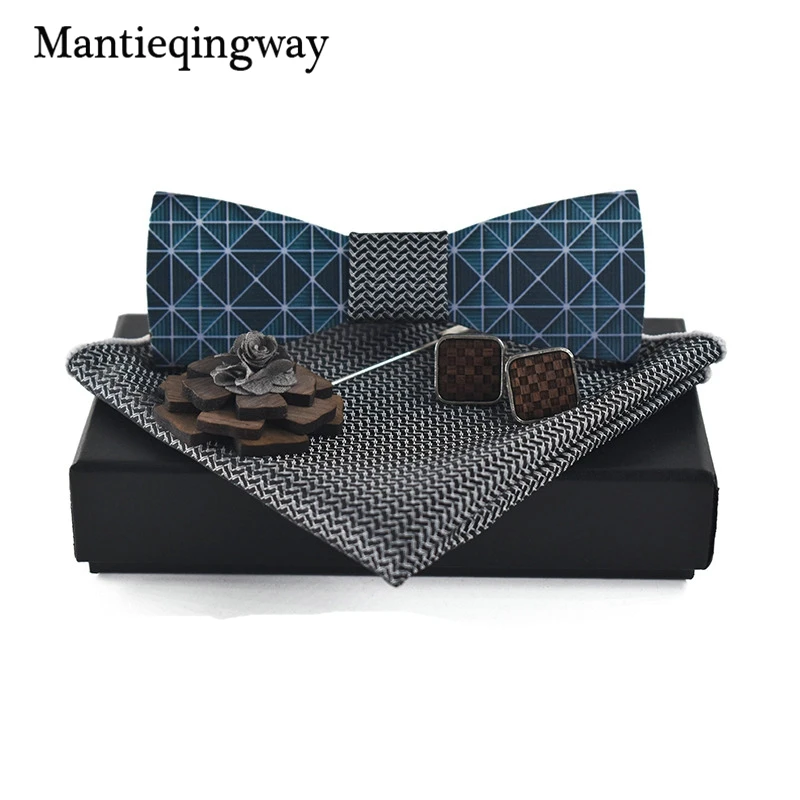 Mantieqingway Wooden Bow Tie Set for Mens Wedding Wood Bowties Brooch Handkerchief Cufflinks Gravatas Slim Polyester Ties | Аксессуары
