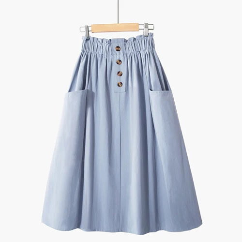 light blue TIGENA, летняя женская юбка средней длины из хлопка с карманом, корейская мода, высокая талия, длина до колен, школьная юбка, женская, розовая, желтая - Цвет: light blue