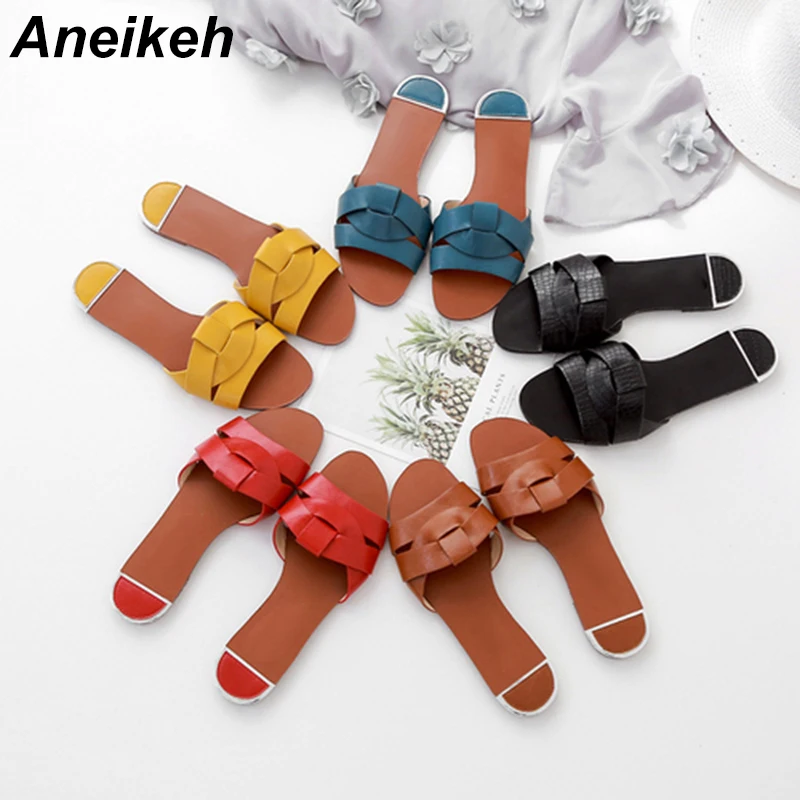 Aneikeh/ г. Модные женские пляжные балетки на плоской подошве для отдыха пикантные женские туфли из PU искусственной кожи с круглым носком женские шлепанцы для улицы, Размеры 35-39