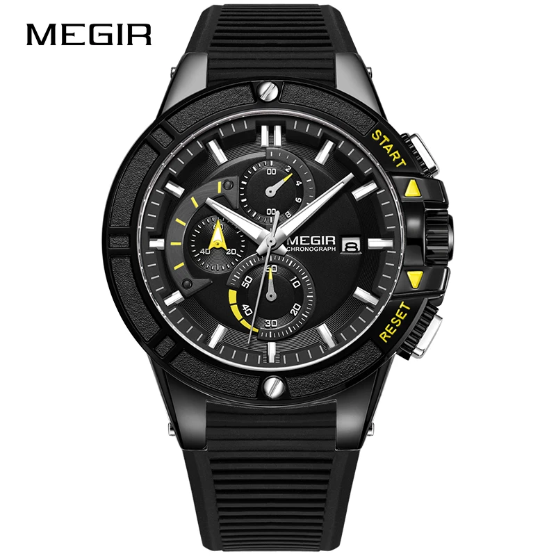 Yellow MEGIR Роскошные Лидирующий бренд модные часы для мужчин силиконовый хронограф кварцевые спортивные мужские часы Militar Reloj Hombre Relogio Masculino - Цвет: Yellow