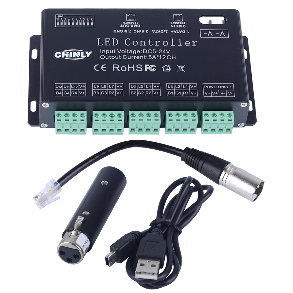 CHINLY 12 Channels DMX Decoder RGB DMX LED Controller DMX decoder DC 5V-24V with USB DMX Controller and driver LED strip module