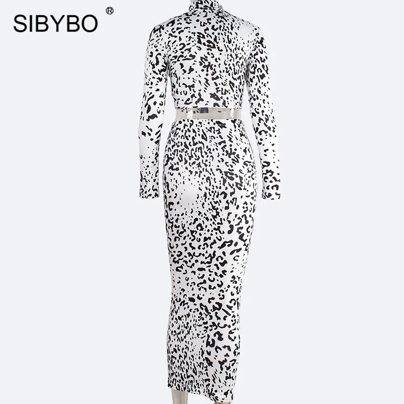 Женское длинное леопардовое платье Sibybo, обтягивющий комплект из 2 частей с длинными рукавами, повседневные длинные платья с молнией для вечеринки осенью и зимой