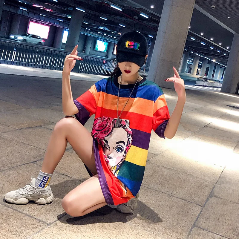 Новинка лета 2019 брендовая футболка с красивым принтом женское длинное свободное