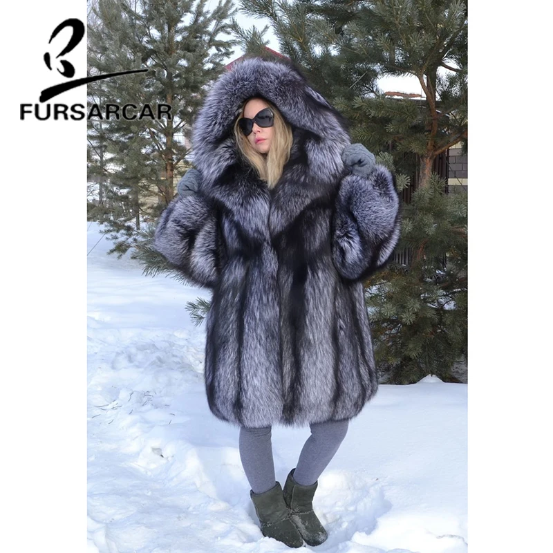 FURSARCAR New Winter Real Fox Fur Coat Women Fashion Winter Thick Long Coat With Fur Hood Luxury Natural Fox Fur Female Jacket