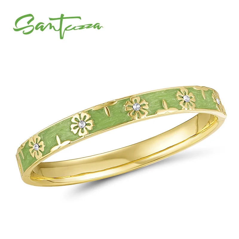 Yellow Gold (Green) Модный женский браслет SANTUZZA, многоцветные браслеты с цветами, сверкающие кристаллы, модные ювелирные изделия ручной работы, эмаль - Окраска металла: Yellow Gold (Green)