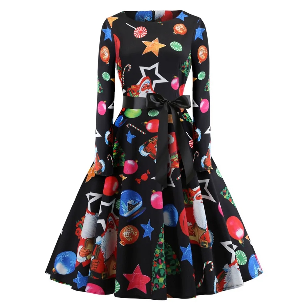 Модное зимнее рождественское платье Vestido, женское Ретро рождественское платье с принтом Санта Клауса, вечерние платья, костюмы - Цвет: Черный