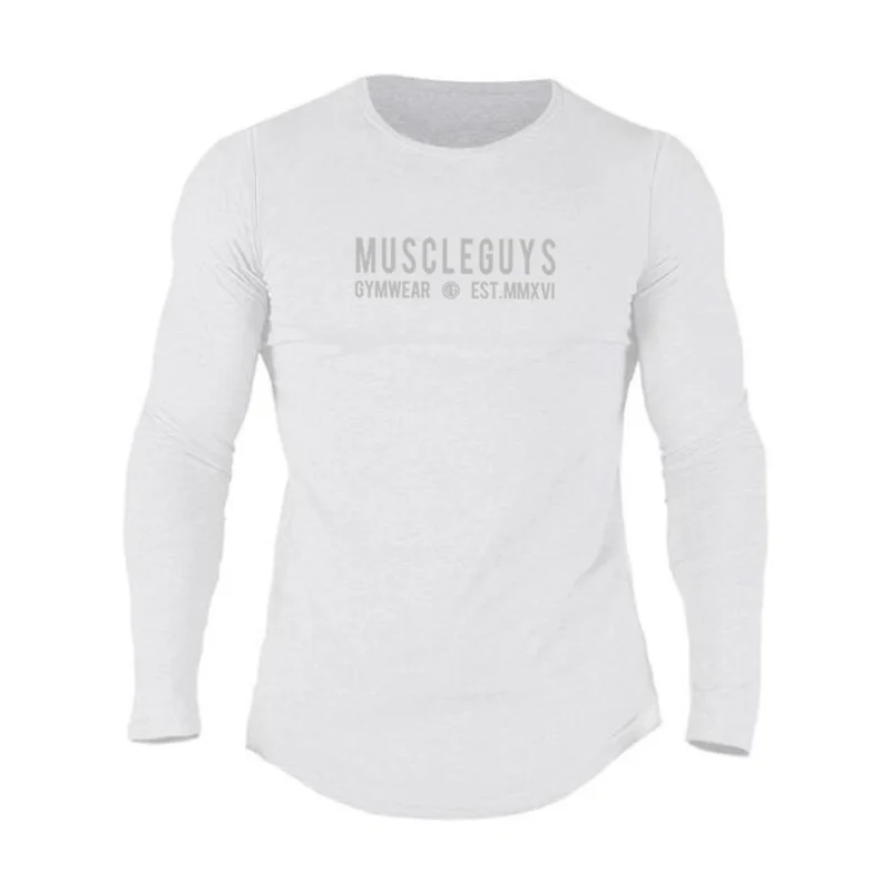Бренд Muscleguys, модная мужская одежда из эластичного хлопка с длинным рукавом, облегающая футболка, Мужская футболка для тренажерного зала, повседневная облегающая футболка - Цвет: Белый