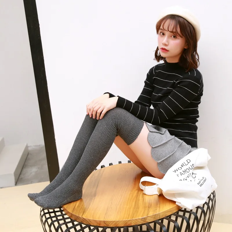 

[WPLOIKJD]Gold Silver Silk Women Fashion Hot Thigh High Sokken Warm Cotton Over The Knee Meias Girls Long Stockings