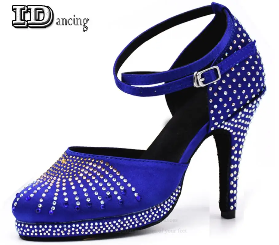 blue heel 10cm Salas/атласная обувь; туфли для латинских танцев; Обувь для бальных танцев со стразами; обувь на платформе; цвет синий, красный; обувь на высоком Кубинском каблуке со стразами - Цвет: blue heel 10cm
