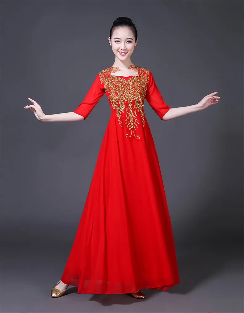 Китайский Hanfu хор представление Платье Женская юбка взрослый современный танец хост среднего возраста и пожилых выступлений платья