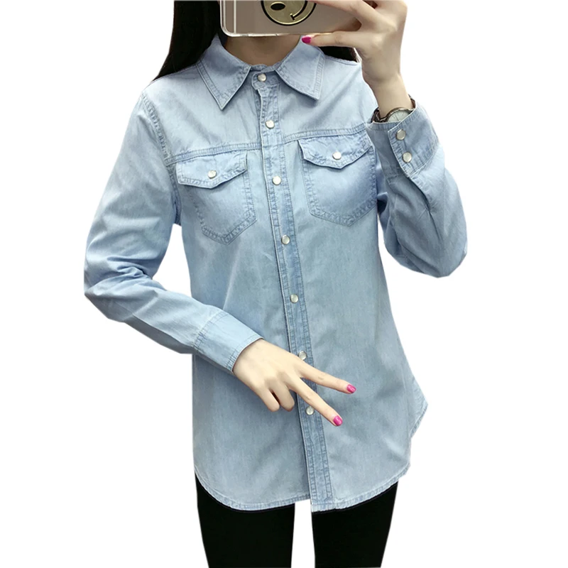 

Women Casual Cowboy Shirts Spring Autumn Single Breasted Long Sleeve Pockets Thin Slim Shirt Female Bottoming Shirts RE0658