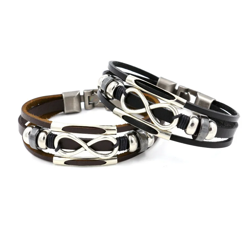 Западный панковский Многослойный кожаный браслет с буквами Infiniti Charms Braclet для мужчин и мальчиков, винтажные манжеты, ювелирные изделия Pulseira De Couro
