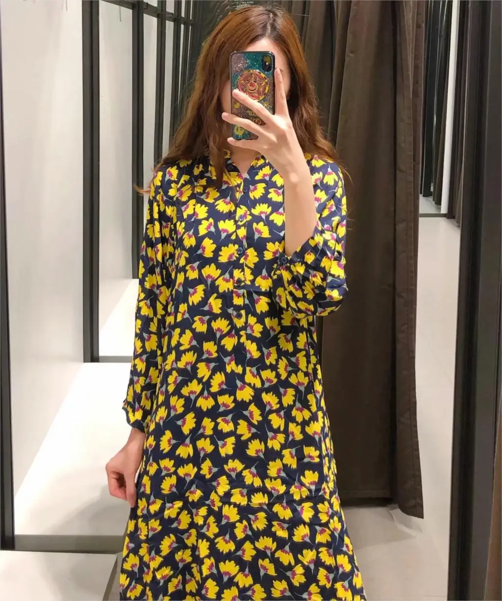 Винтаж boho желтый цветочный принт длинное платье для женщин с длинным рукавом