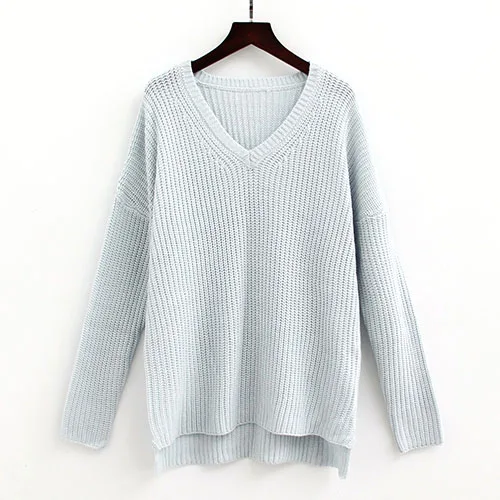 Light blue Вязаный розовый свитер с v-образным вырезом для женщин, винтажный зимний женский свитер, вязаные пуловеры, осенние базовые свитера для женщин - Цвет: Light blue