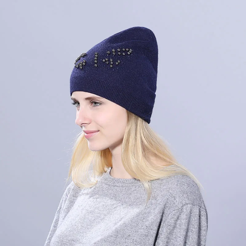 [YARBUU] настоящий шарик из меха норки шляпа для женщин Шерсть skullies beanies бабочка ногтей бусины твердые вязаные шапки для девочек женская Лыжная шапка - Цвет: navy blue