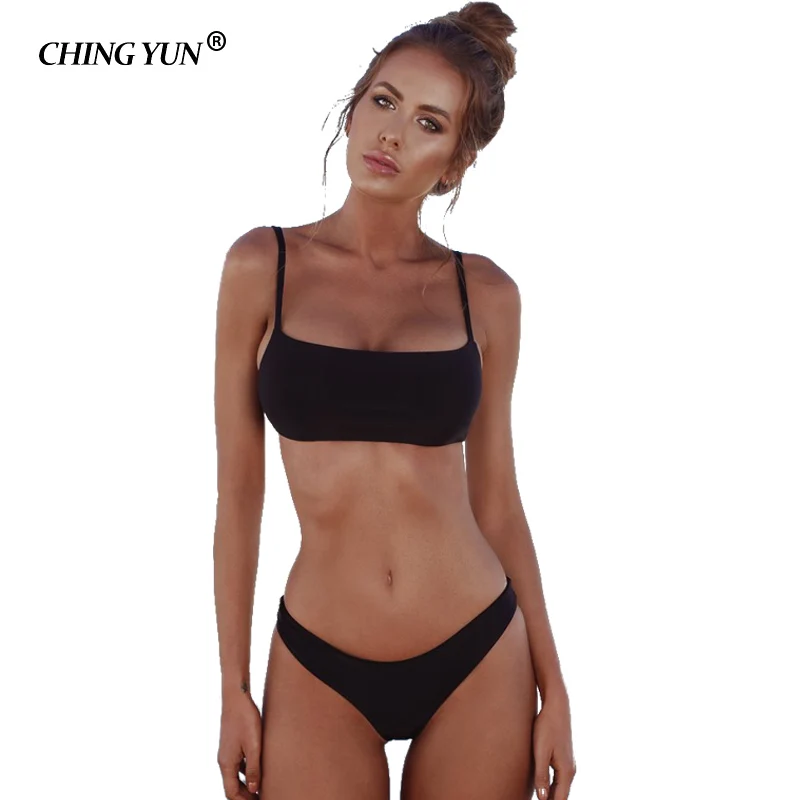 Summer beach girls swimsuit sexy solid color swimwear Bikini Flat Chest Beachwear soft Cup Bathing Suit European&American Tankin