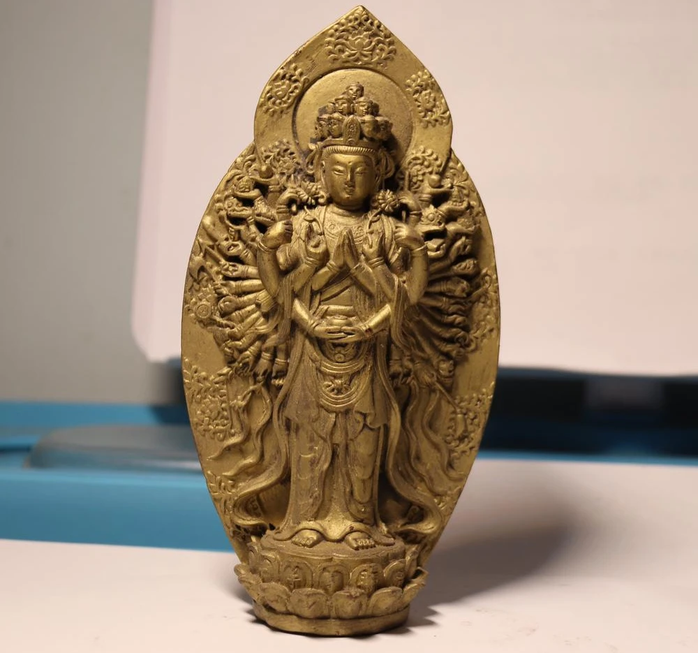 Тибетская латунь медь Avalokitesvara тысячи рук Статуя Бодхисаттвы Гуаньинь|Статуи и