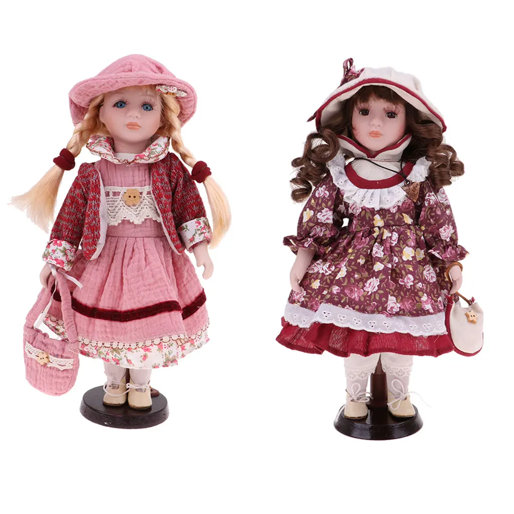 

2Pcs 30cm Victorian Porcelain Doll with Dress Set & Wooden Stand Home Display Decoration