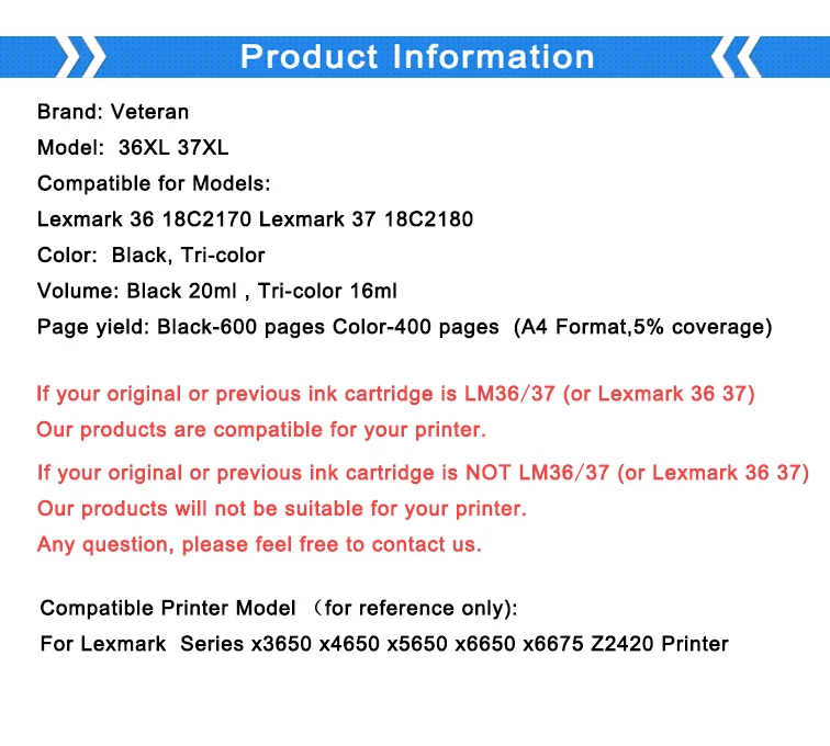 Ветеран картридж для Lexmark 36 37 чернильный 36XL 37XL серии x3650 x4650 x5650 x6650 x6675 Z2420