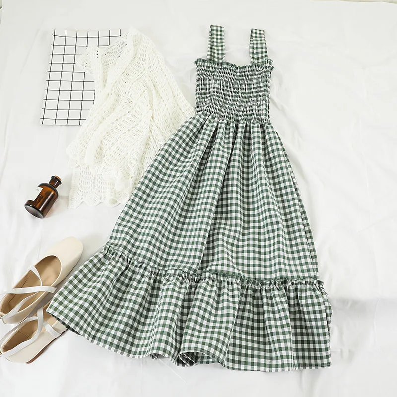 Green Dress Only Mferlier Mori Girl Платье-спагетти, эластичное плиссированное платье с высокой талией и деревянными ушками, лоскутное платье, синее, красное, зеленое клетчатое женское летнее платье - Цвет: Green Dress Only