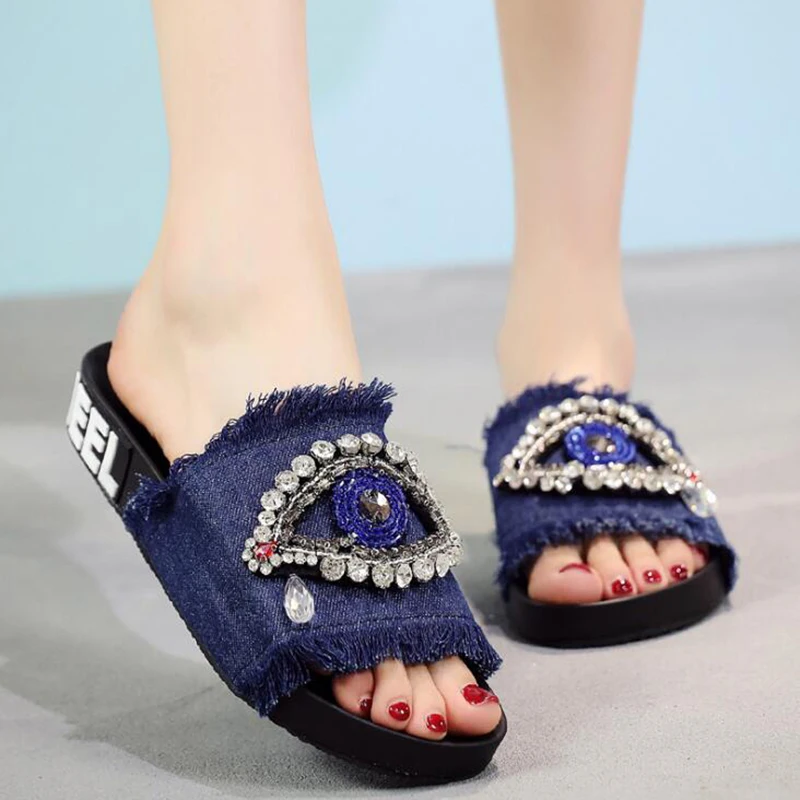 Denim Women Casual Summer Flat Beach Slippers Female Crystal  Slides Shoes Women Sandals Fashion Ladies Flip Flops Footwear b195