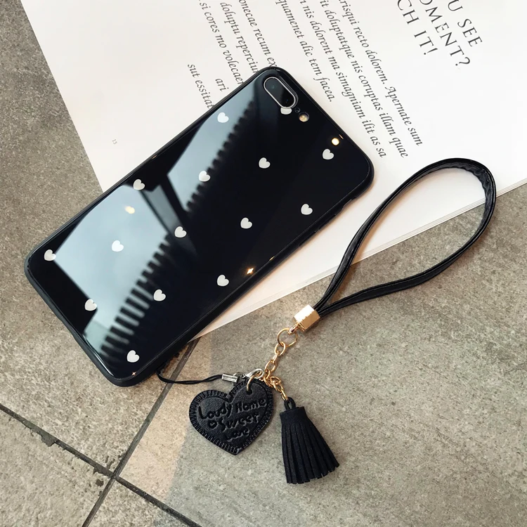 BONVAN чехлы на айфон X XR XS Max 7 case закаленное стекло Жесткий Сердце Любовь кисточкой ремешок крышка чехол на iPhone 6 6S 7 8 плюс чехлы для телефонов