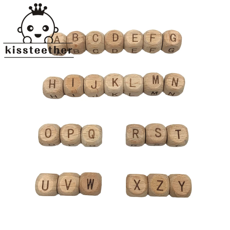 Accesorios de madera para dentici&oacute;n, cuentas de letras de madera de haya cuadradas de 12mm para dentici&oacute;n, joyer&iacute;a artesanal, cuentas del alfabeto, mordedor para beb&eacute;, 100 Uds.-2