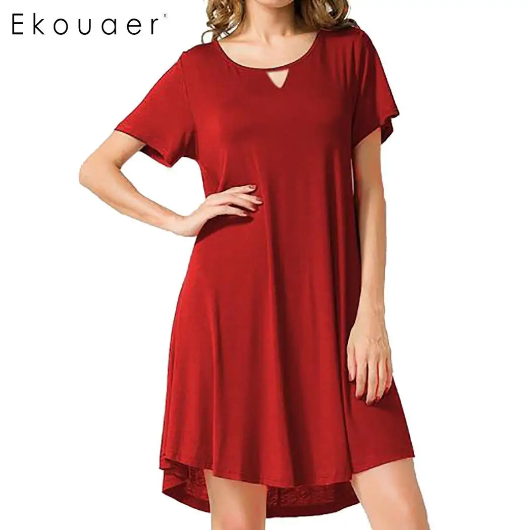Ekouaer короткая ночная рубашка Летняя одежда для сна женское однотонное открытое с коротким рукавом с v-образным вырезом мягкое базовое домашнее платье ночное белье - Цвет: Wine Red