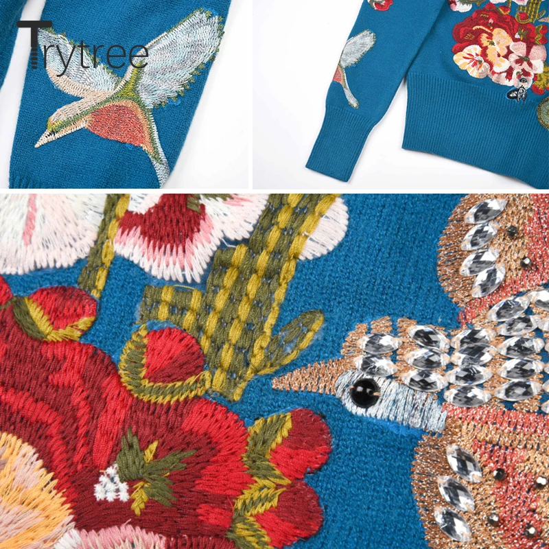 Женский свитер Trytree Повседневный хлопковый с круглым вырезом и вышивкой 3 цвета |