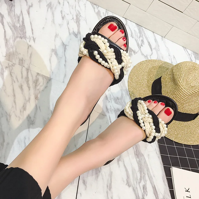 2017 летние женские тапочки клетчатые жемчужные плоские сандалии шлепанцы на